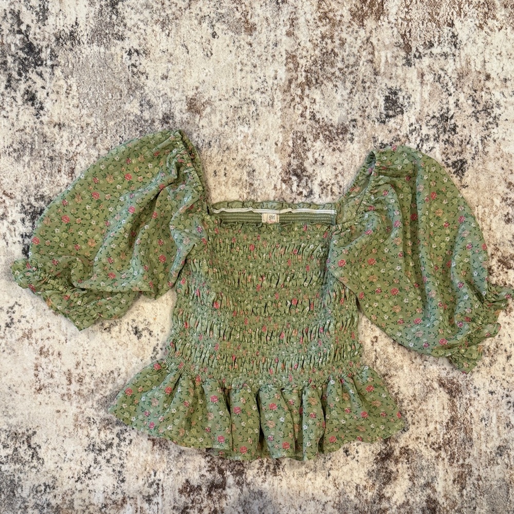 Smocked Puff-Sleeve Crop Top - Green Floral